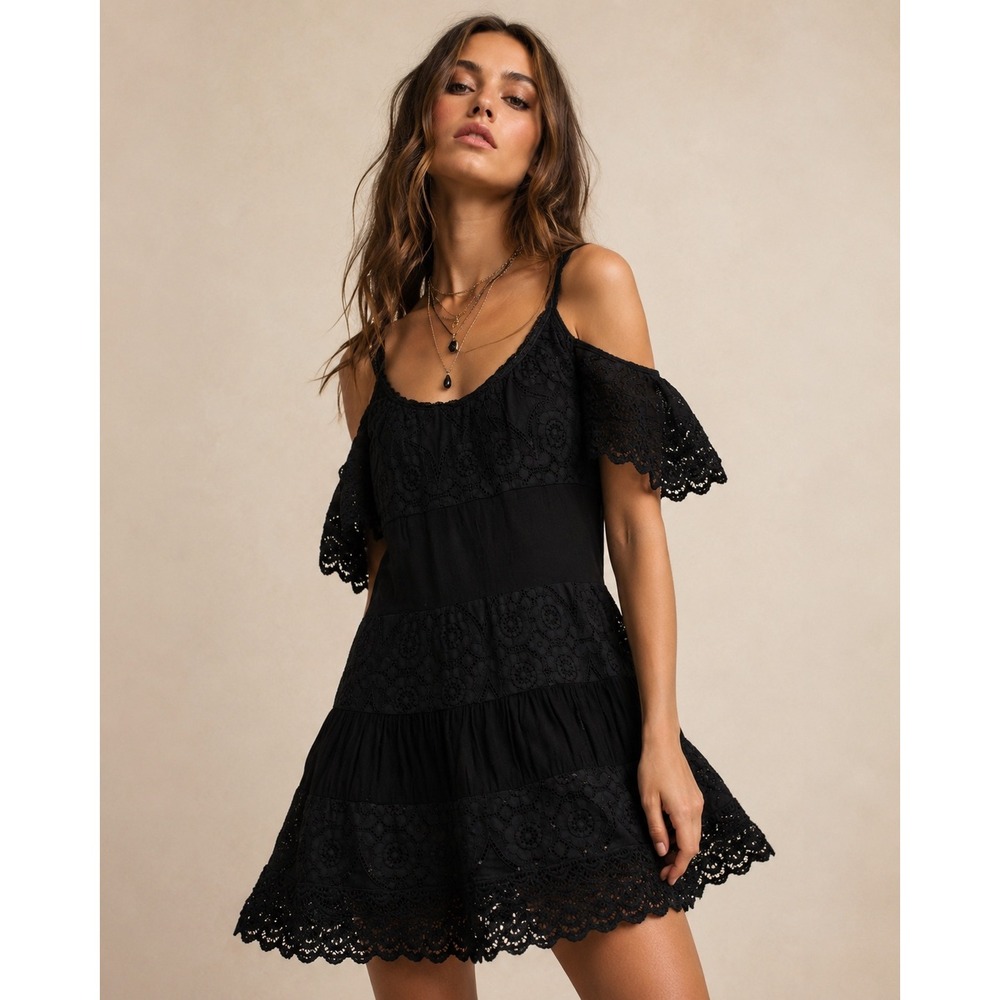 Italian Cotton Lace Cold Shoulder Mini Dress S/M Black Whimsigoth Coquette